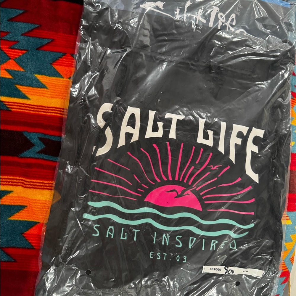 Salt Life Black drawstring bag with Pink and Teal Graphic